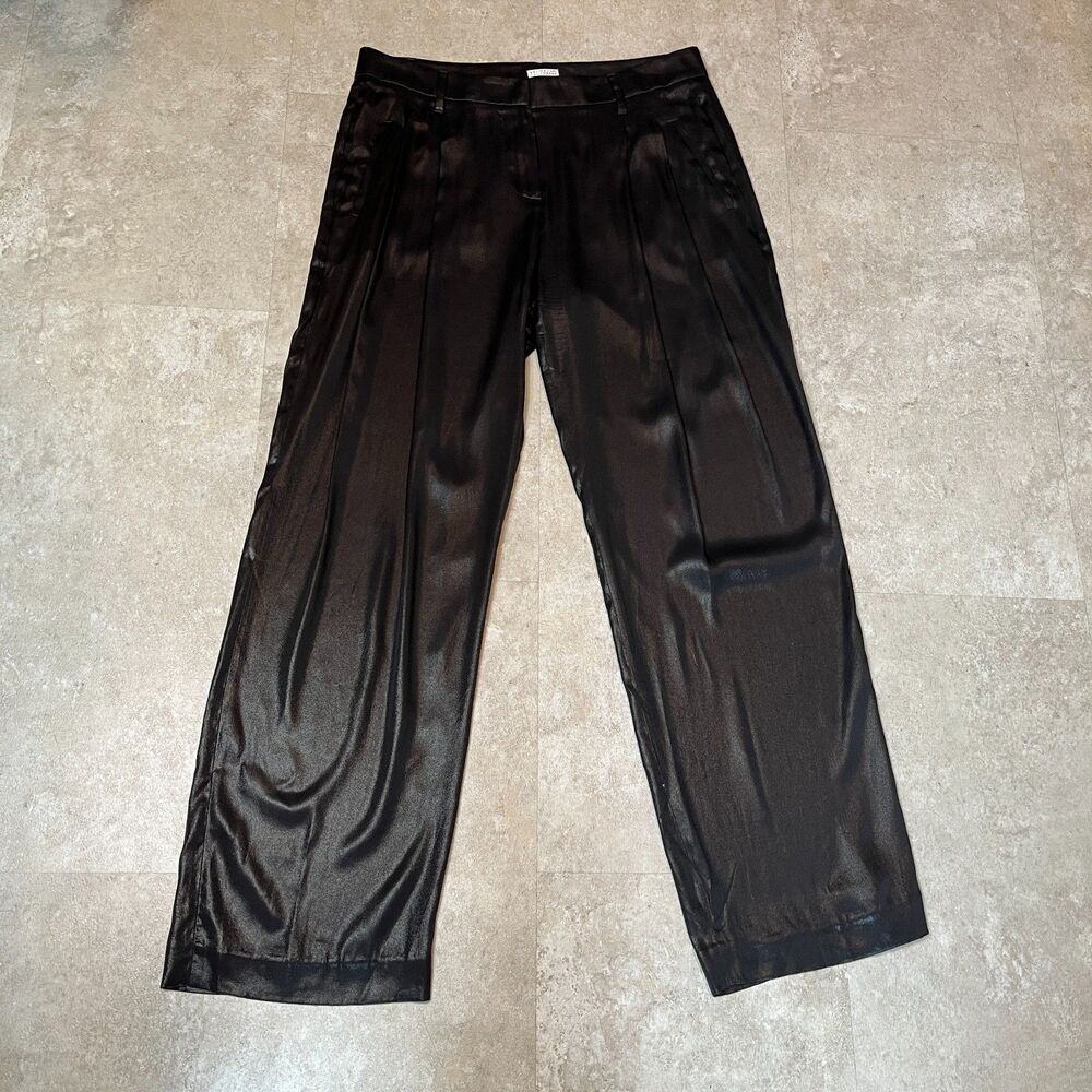 Brunello Cucinelli Black Satin Wide-Leg Trousers with Pleats